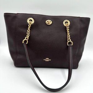 Coach Wine Pebble Leather with Gold Chain Strap, Turn Lock Tote, Gently Used